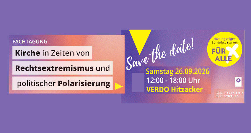 Grafik: Sprengel Lüneburg. Fachtag "Kirche in Zeiten von Rechtsextremismus und politischer Polarisierung" - 26.09.2026 in Hitzacker.